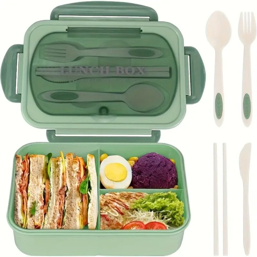 Leak-Proof Bento Box 40.58 Oz BPA Free Cutlery Set 3 Compartments Microwave Safe